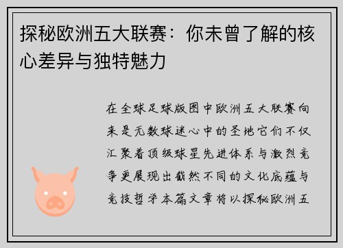 探秘欧洲五大联赛:你未曾了解的核心差异与独特魅力 探秘欧洲五大联赛:你未曾了解的核心差异与独特魅力