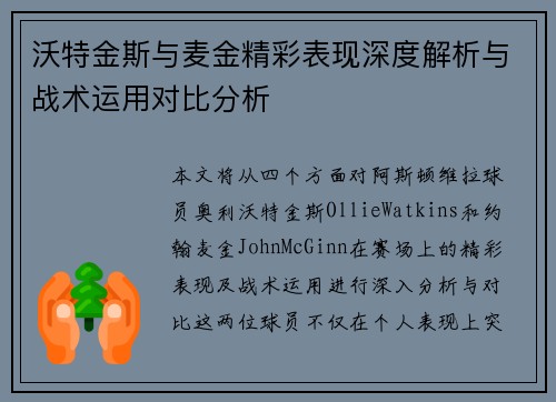 沃特金斯与麦金精彩表现深度解析与战术运用对比分析