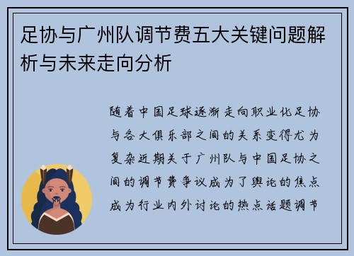 足协与广州队调节费五大关键问题解析与未来走向分析